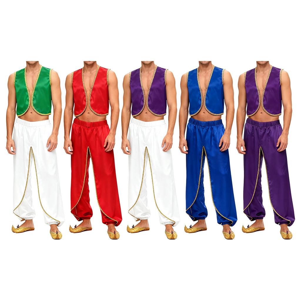 Yeahdor Mens Arabian Prince คอสเพลย์ซาตินเครื่องแต่งกาย Gold Trim เปิดด้านหน้าเสื้อกั๊กและกางเกง Baggy อินเดีย Dhoti Palazzo กางเกงสําหรับปาร์ตี้ฮาโลวีน