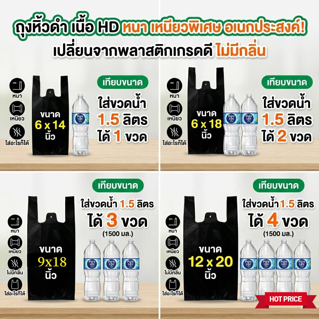 ถุงหูหิ้วดำ ถุงหิ้ว ถุงหูหิ้ว ดำ  แบบหนา แข็งแรง  คุณภาพดี ผลิตจากเม็ดพลาสติกอย่างดี แพค1 กก