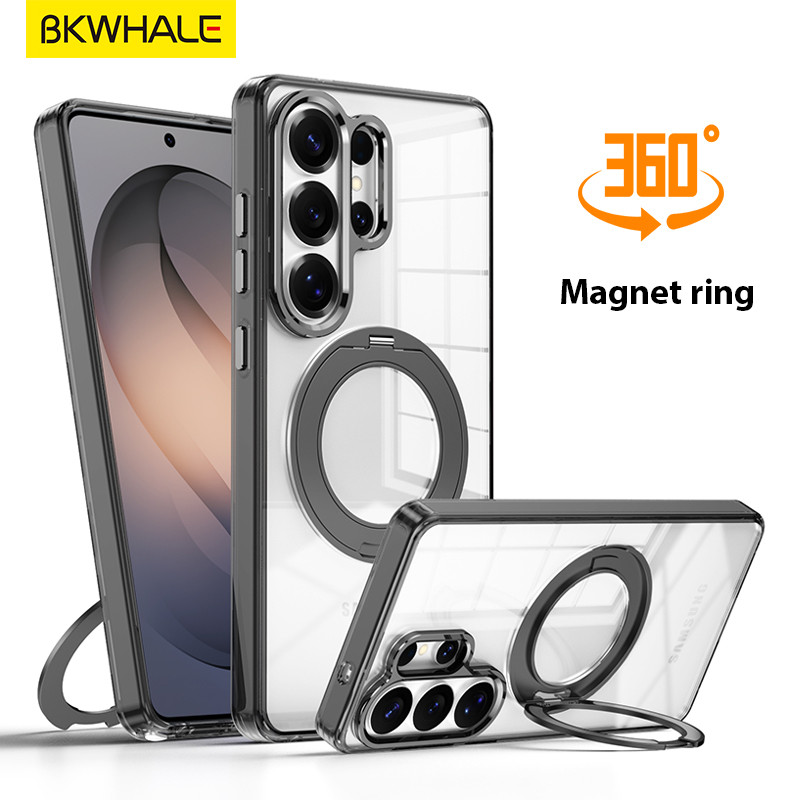 BKWHALE 360° แหวนหมุนได้เคสโทรศัพท์ใสแม่เหล็กพร้อมขาตั้งสําหรับ Samsung Galaxy S26 Ultra S26 + S26u ปลอกกันกระแทกโปร่งแสง ราคาถูก Shopee Lazada