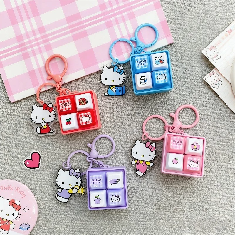 Hello kitty ใหม่การ์ตูน Fidget พวงกุญแจ DIY คีย์บอร์ดปุ่มนิ้วมือคีย์บอร์ดหมวกบรรเทาความเครียด Keycap Pinch ของเล่น