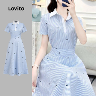 Lovito  เดรสผู้หญิงสีฟ้าขาว สีตัดกัน เรียบหรู มีปุ่ม สไตล์ฤด…