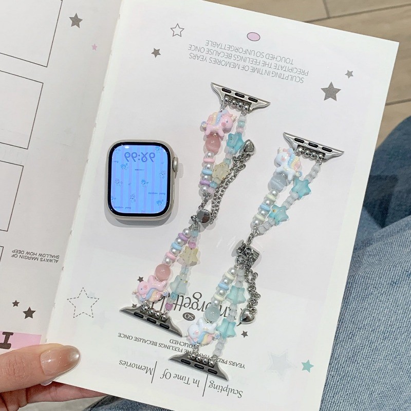 ฤดูร้อนน่ารักสร้อยข้อมือโลหะสีสันสดใส สําหรับ Apple Watch Ultra 2 3 49 มม./S11 10/S9 8 7 41 45 มม./S6 5 4 SE 44 40 มม./S3 2 1 38 42 และ iWatch สายนาฬิกาอัจฉริยะ หรูหรา