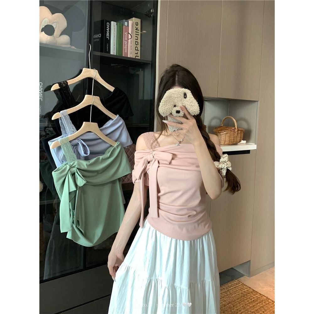 เสื้อยืดแขนสั้นเปิดไหล่ขนาดบวกสำหรับผู้หญิง ฤดูร้อนใหม่ ทรงหลวมคลุมไหล่ สไตล์แต่งตัวสบายๆ ราคา ถูกที่สุด ดีลบีเคเค แกลเลอรีภาพที่ 9
