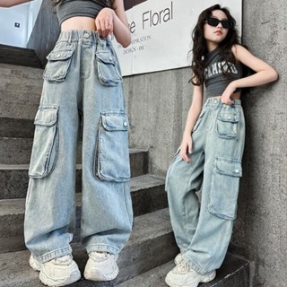 กางเกงยีนส์คาร์โก้สาวเท่ สไตล์เกาหลี สตรีทแวร์ กางเกงขากว้าง…