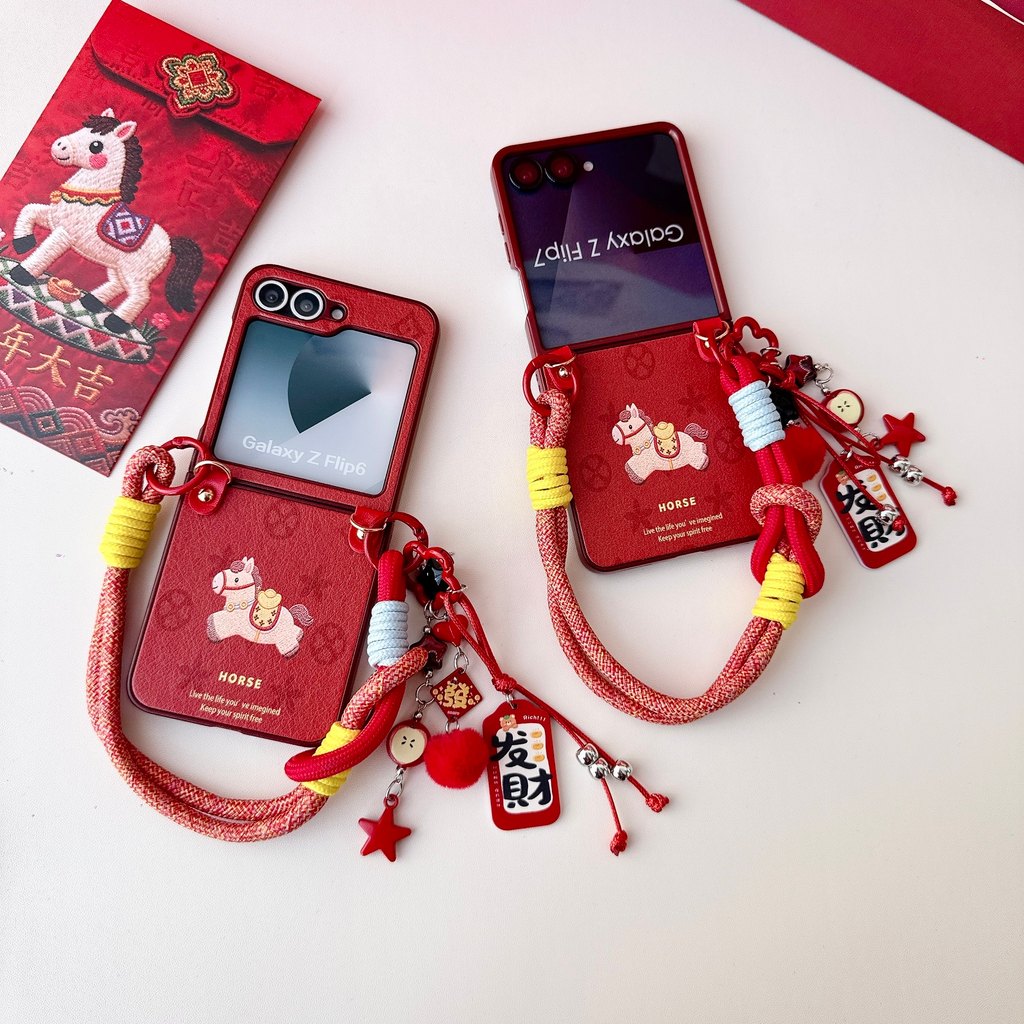 LUSHUO เคสโทรศัพท์สําหรับ Samsung Galaxy Z Flip 7 6 5 4 3 ค้นหา N2 Flip N3 Flip น่ารัก Red Horse หนั