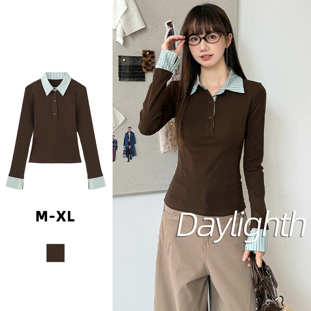 เสื้อยืดแขนยาวทรงเข้ารูป คอโปโลสีตัดกัน อเนกประสงค์ เหมาะสำหรับใส่ทับซ้อน  DL