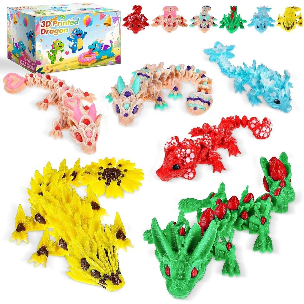 6 ชิ้นMulticolor 3Dพิมพ์มังกร,3Dพิมพ์Cherry Blossom Dragon,คุกกี้หัวใจมังกร,3Dพิมพ์ยืดหยุ่นArticulat