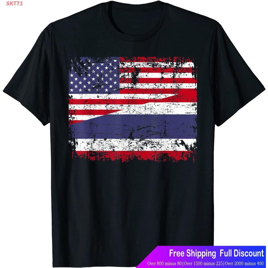 SKTT1 thailandเสื้อยืดยอดนิยม Thailand Flag THAI ROOTS Half American Flag USA THAILAND FLAG T-Shirt 