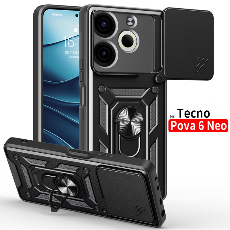 เกราะแหวนโลหะขาตั้ง Funda สําหรับ Tecno Pova 6 Neo กรณีกันกระแทกสไลด์เลนส์ป้องกันโทรศัพท์สําหรับ Pov