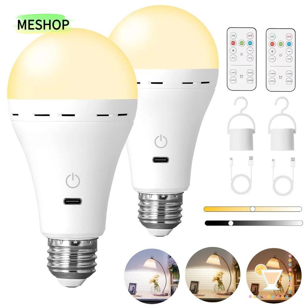 MESHOPTH หลอดไฟ Led USB, พร้อมหลอดไฟชาร์จระยะไกล 3 สี, หลอดไฟ E27 ไร้สายหรี่แสงได้อัจฉริยะ