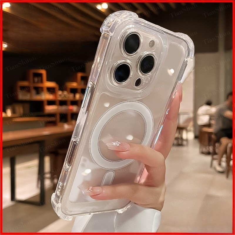 เคสโทรศัพท์แฟชั่นใสคริสตัลมุมสี่ด้าน พร้อมถุงลมนิรภัยกันกระแทก ชาร์จไร้สายแบบแม่เหล็ก ป้องกันการชน เหมาะสำหรับ iPhone 11 12 13 14 15 16 17 Pro Max AIR Plus ซิลิโคนใส กันกระแทก ขอบ TPU นุ่ม ฝาหลังสวยงาม