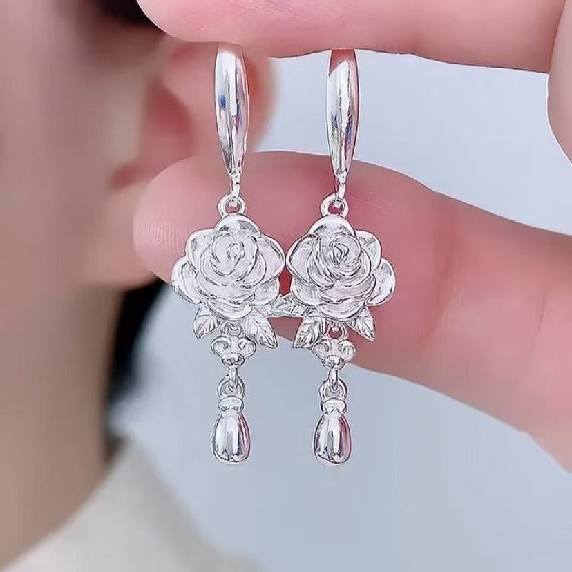 Hot Sale#[Pure Silver Handicraft]999Sterling Silver Cube Water Drop Rose Flower Earrings for Women, 