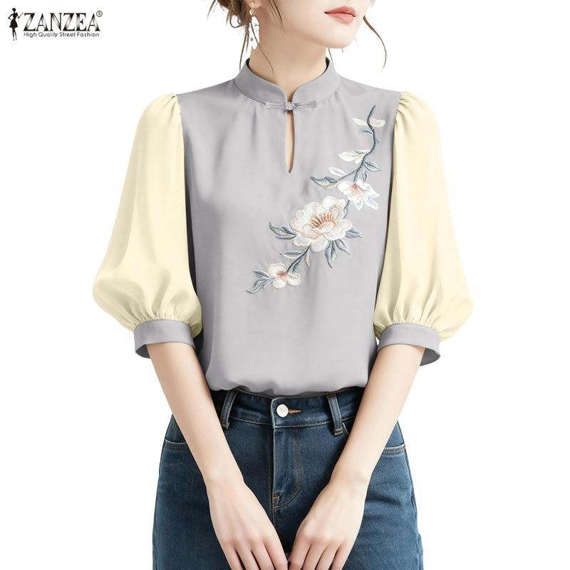 ZANZEA ซานเซีย ผู้หญิงเกาหลีใหม่สไตล์จีนแมนดารินปกโคมไฟแขนดอกไม้เย็บปักถักร้อยเสื้อ