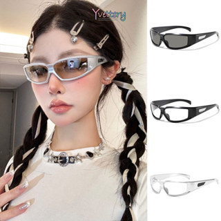ร้านค้าไทย🔥Y2k แว่นกันแดดสีเงินเทคโนโลยีอนาคตแฟชั่นhip-hopพั…