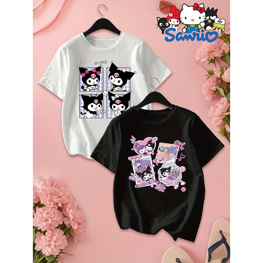 ซานริโอ เสื้อยืดอนิเมะ Kuromi&Friends สำหรับผู้หญิง - พิมพ์เซลฟี่ Kuromi พร้อม Kuromi และเพื่อนๆ, เสื้อแขนสั้นคอกลมสบาย,