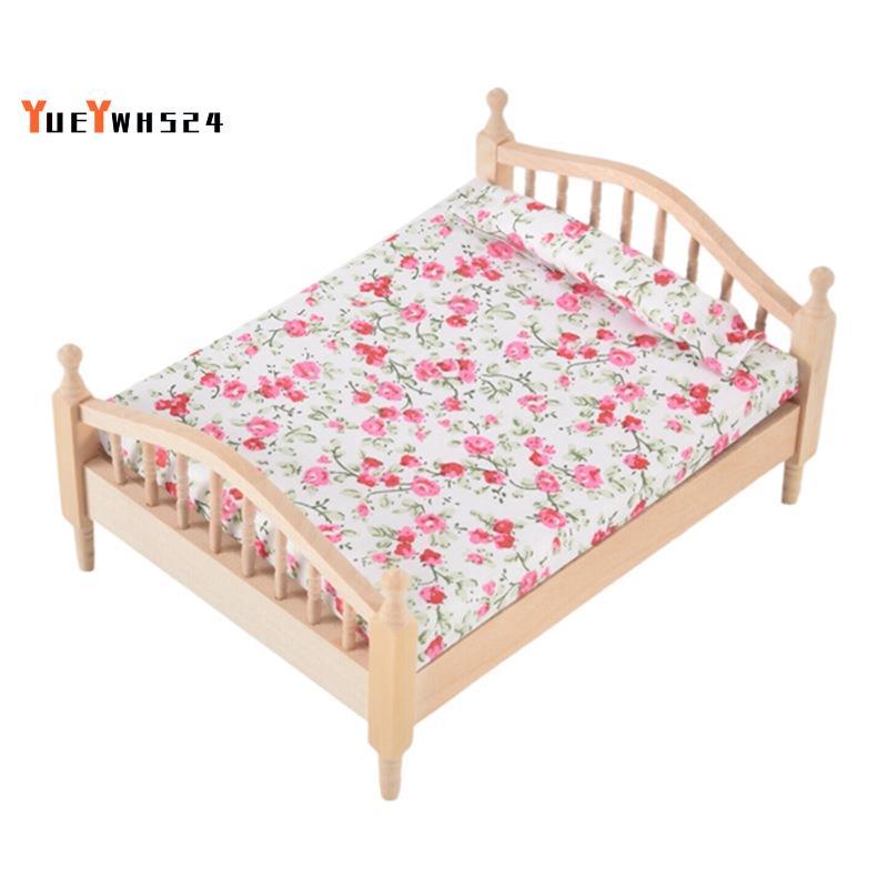 [ขายดี Y4]1:12 Dollhouse Bedroom Mini Floral Double Bed Scene Furniture Dollhouse Accessories
