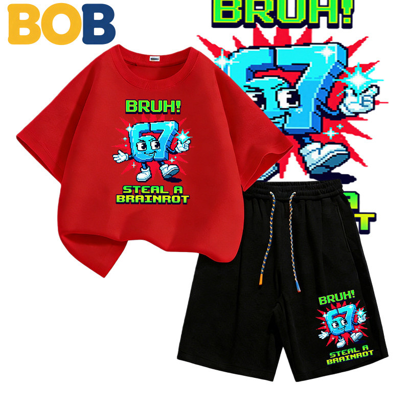 BOB [พร้อมส่ง] ชุดเด็กชายkidsเสื้อยืดเด็ก67ลวดลายพิมพ์ เสื้อยืดเด็ก คอตตอน ชุดสูทเด็กผู้ชาย ชุดลำลอง 2 ชิ้น แฟชั่นสำ#T52 - รูปที่ 3