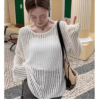 จัดส่งจากกรุงเทพ-เวอร์ชั่นเกาหลี การออกแบบกลวง เสื้อกันหนาวแขนยาวหลวม คอกลม