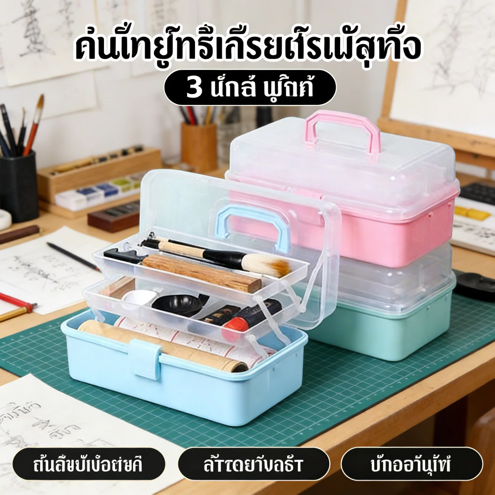 กล่องเครื่องมือพลาสติก 3 ชั้น กล่องใส่อุปกรณ์วาดรูป พู่กัน สีไม้ กล่องเก็บเครื่องเขียน พกพาง่าย มีหูหิ้ว ล็อคฝา ป้องกันเ