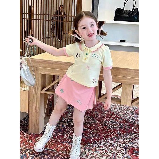 G382 (ขนาด 90-120) ชุดเซ็ทน้องตี้ผ้านิ่มมากกก คอปก และกระโปรงชมพู