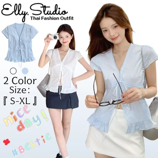 Elly พร้อมส่ง🦄เสื้อเชิ้ต แขนสั้น สีพื้น🦄เสื้อครอป รัดรูป ผู้หญิง แฟชั่น น่ารัก อินเทรนด์ เชือกผูกหน้า สไตล์ลำลอง