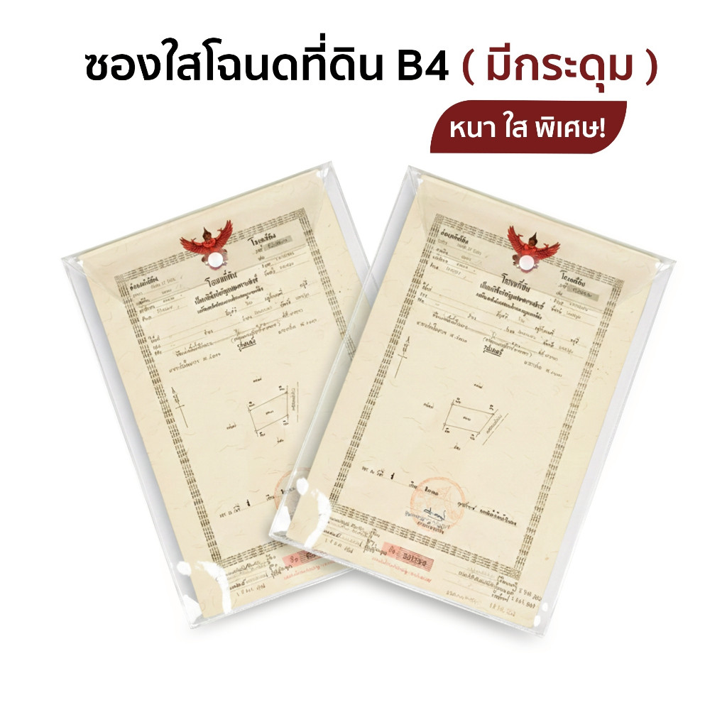 ซองใส่โฉนดที่ดิน B4 แบบฝาพับมีกระดุม พลาสติก PVC ใส หนาพิเศษ ซองเอกสารสำคัญ กันน้ำ กันฝุ่น ทนทาน ไม่ขาดง่าย