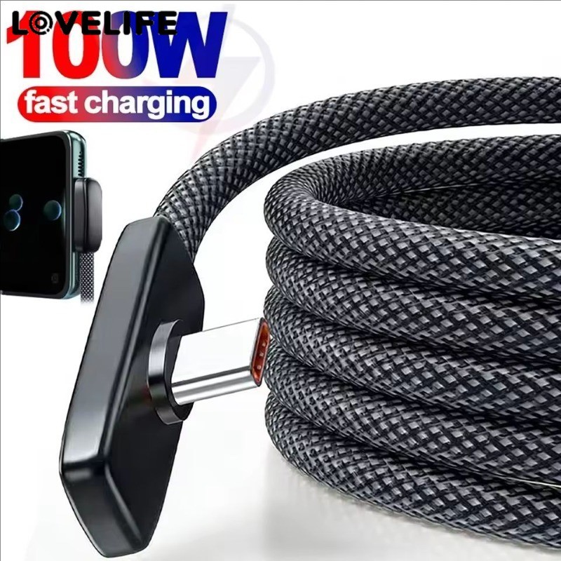 [AUTO&3C]สายชาร์จเร็ว 100W ระดับพรีเมียม Type C 6A ดีไซน์มุมขวาและฝาครอบไนลอนแบบถัก, แกนทองแดงสําหรับการโอนพลังงานเสถียร, อุปกรณ์เสริม 1/1.5/2M