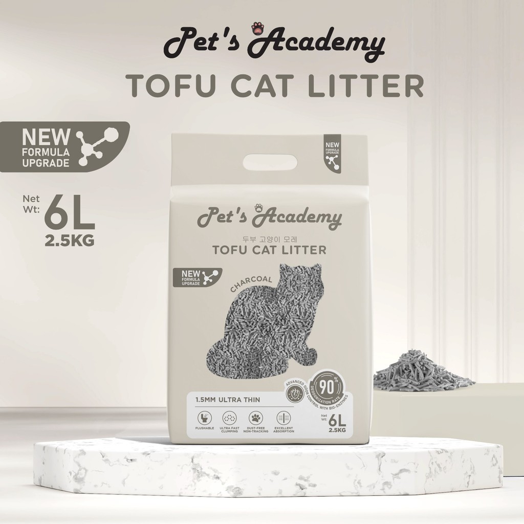PETS ACADEMY ทรายแมวเต้าหู้ ถ่าน 6L / 2.5kg / 1.5mm Strong Clump, Fast Absorp, Flushable, Pasir Kuci