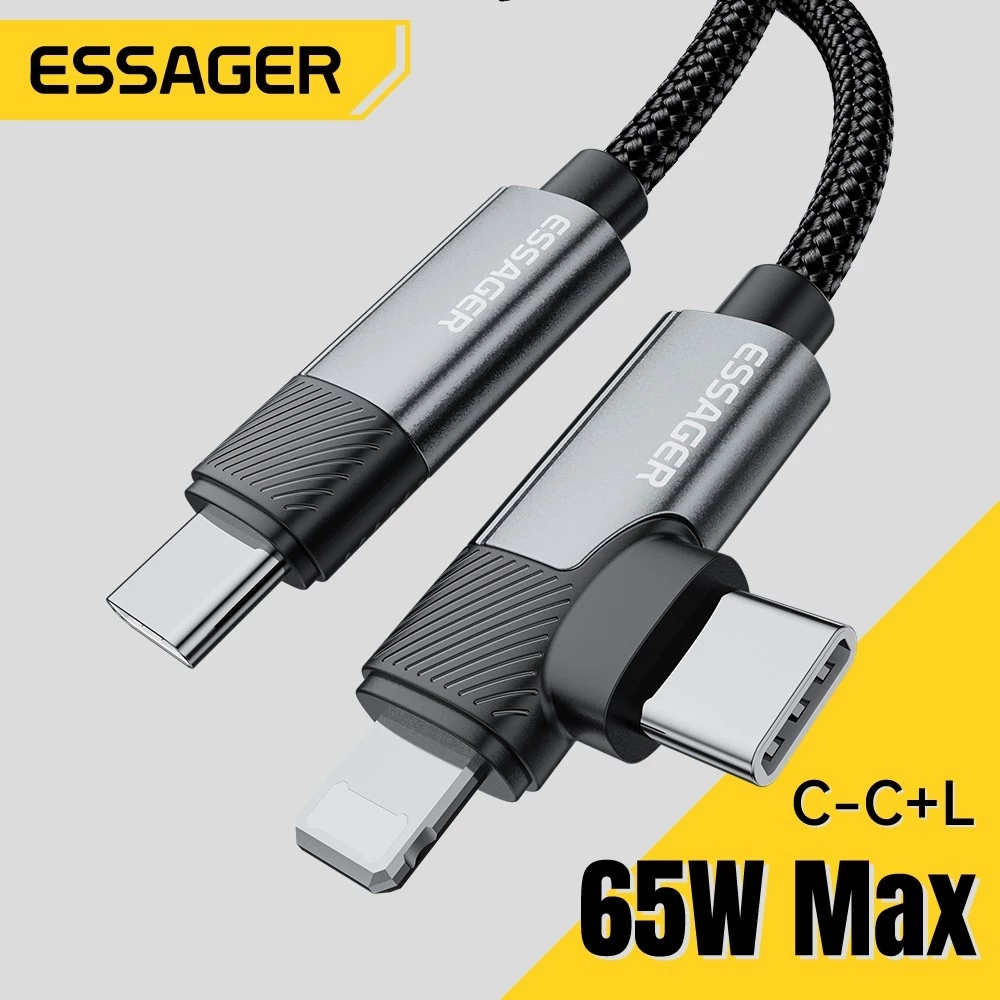 Essager 65W อลูมิเนียมอัลลอยด์ Type C ถึง L+ C สาย 2 in 1 อะแดปเตอร์สายไฟชาร์จเร็ว USB2.0 480Mbps สําหรับทั้งอุปกรณ์ Type-C และ iP