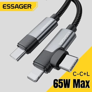Essager 65W อลูมิเนียมอัลลอยด์ Type C ถึง L+ C สาย 2 in 1 อะแดปเตอร์สายไฟชาร์จเร็ว USB2.0 480Mbps สําหรับทั้งอุปกรณ์ Type-C และ iP