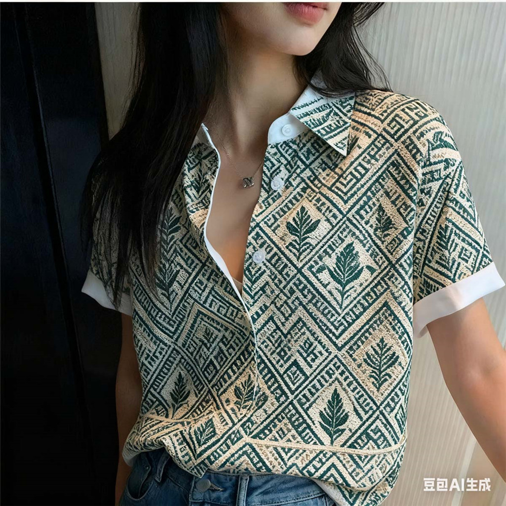 เสื้อเชิ้ตแขนสั้นไซซ์ใหญ่ พิมพ์ลายสไตล์ชนเผ่า สวมใส่ลำลองสำหรับผู้หญิง