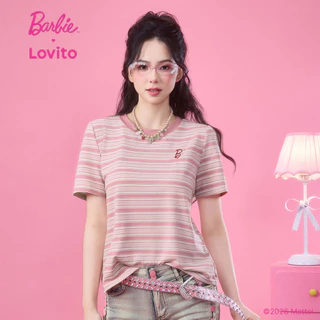 Barbie™ X Lovito แคชชวล เสื้อยืดลำลองแขนสั้นน่ารัก ผ้าฝ้าย 100% สีชมพูตัดกัน สำหรับฤดูใบไม้ผลิ/ฤดูร้อน สำหรับผู้หญิง เกาหลี อินเทรนด์ LB1AD015