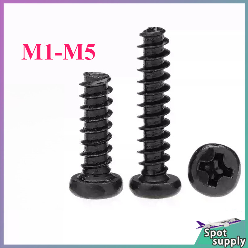 PB plus เหล็กแข็งเหล็กคาร์บอนสีดําหัวกลมข้ามหางแบนสกรูแตะตัวเองหัวกระทะสกรูขนาดเล็ก M1-M5HJ-L001