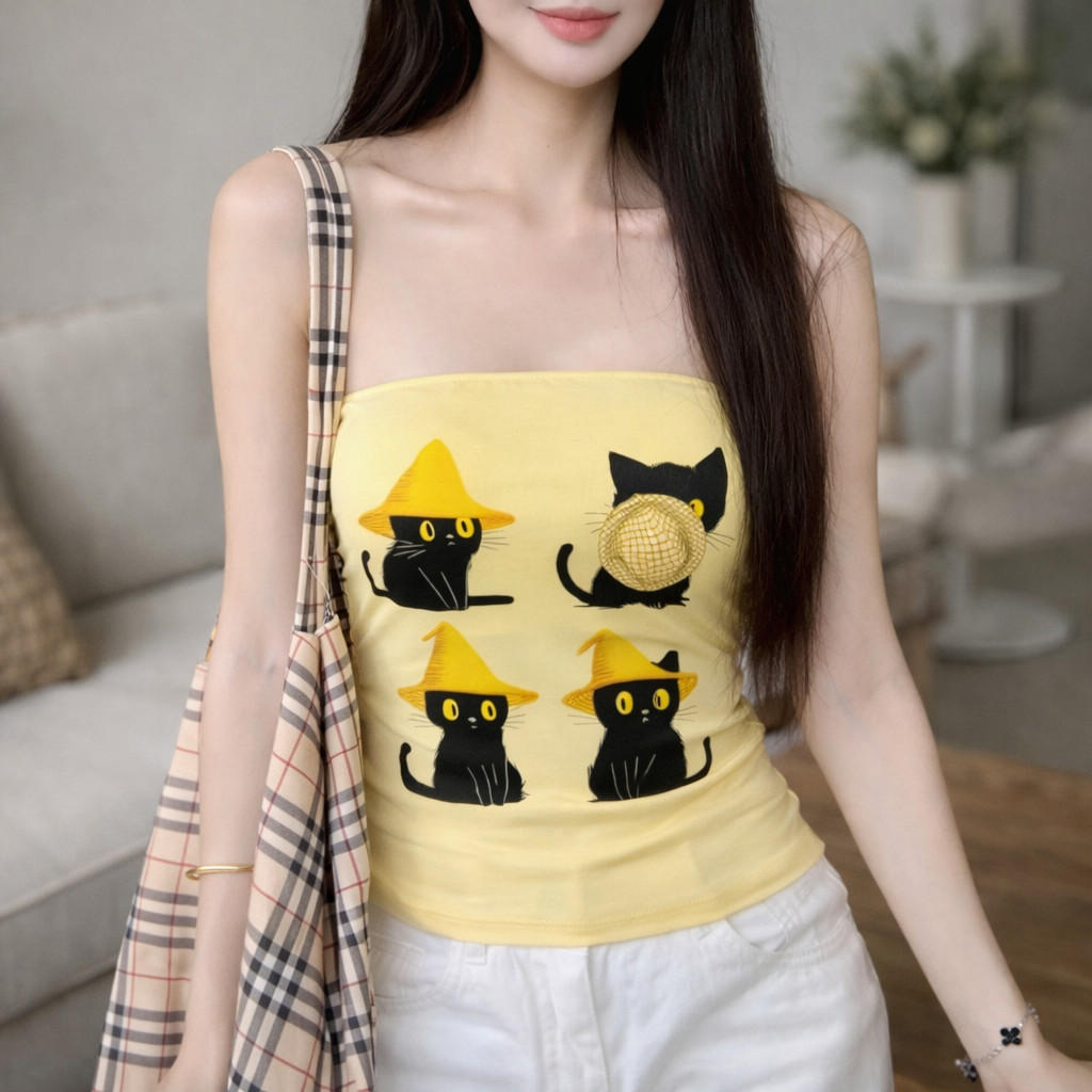เสื้อเกาะอกลายแมวสุดฮิต เสริมฟองน้ำในตัว ดีไซน์เอวจั้ม ทรงสวยเข้ารูป ใส่แล้วดูหุ่นดี แมทช์ง่าย tzh33