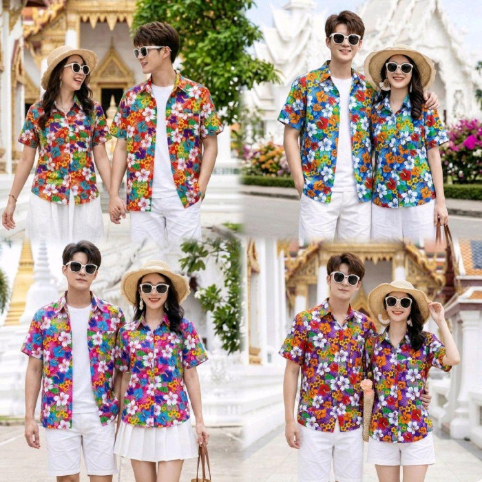 027 เสื้อเชิ้ตลายดอก ผ้าคอตตอน100% สีไม่ตก ผ้าไม่หด ลายคมชัด มีไซส์หญิงชาย 34-54นิ้ว งานไทย ส่งจากไทย*1ตัว*