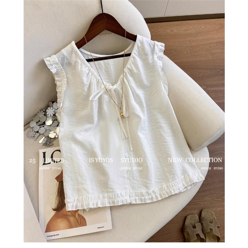 ❤easy❤ผู้หญิง หวาน ลูกไม้ Splicing คอวี แขนกุด เสื้อกั๊ก เสื้อเชิ้ต เสื้อ