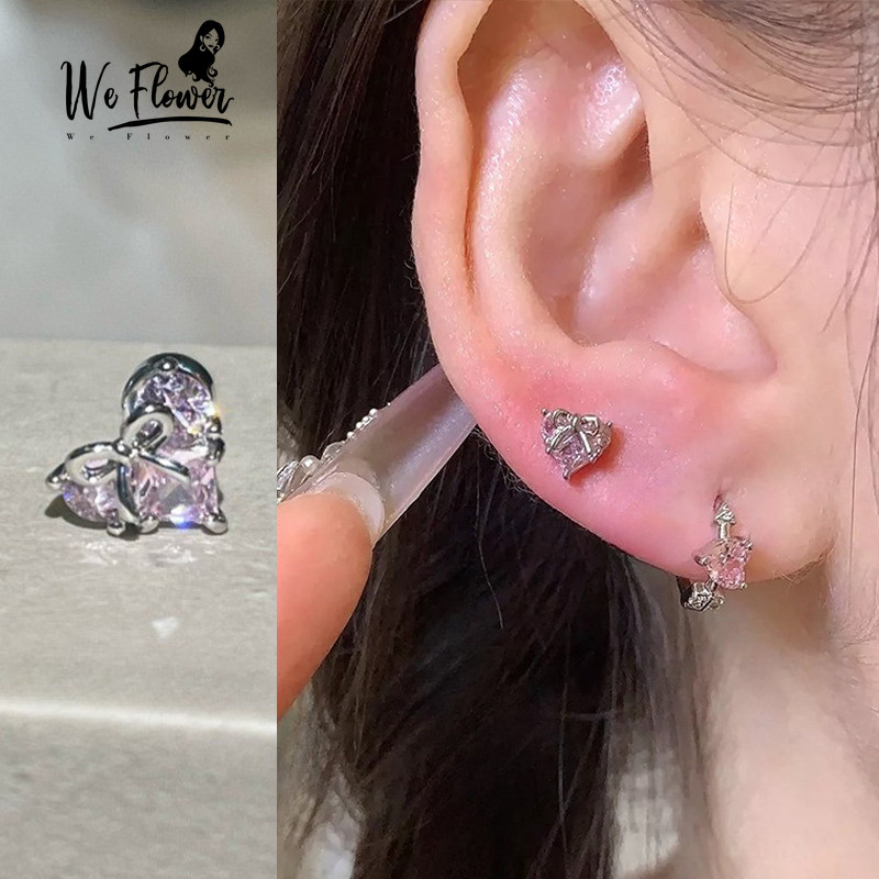 We Flower ต่างหูสังกะสี925 สีชมพูกะรัตรูปหัวใจ ก้านเกลียวแบบดอกไม้น่ารัก เหมาะสำหรับสวมใส่ในสไตล์แฟชันของคุณ