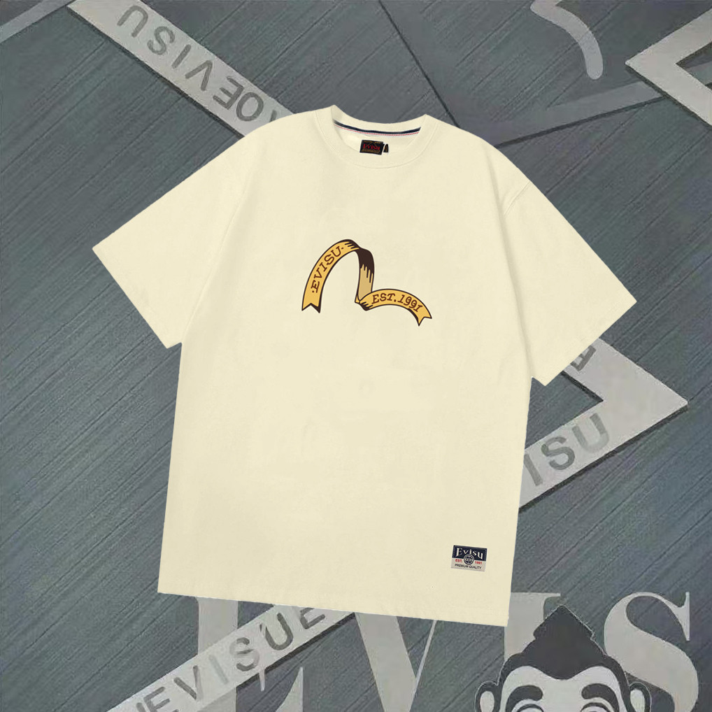 เสื้อยืดแขนสั้นคอลายสตรีทยาวาห์ EVISU สำหรับผู้ชายและผู้หญิง สกรีนลายแบบเกาหลี-retro ป้องกันแสงแดดแล