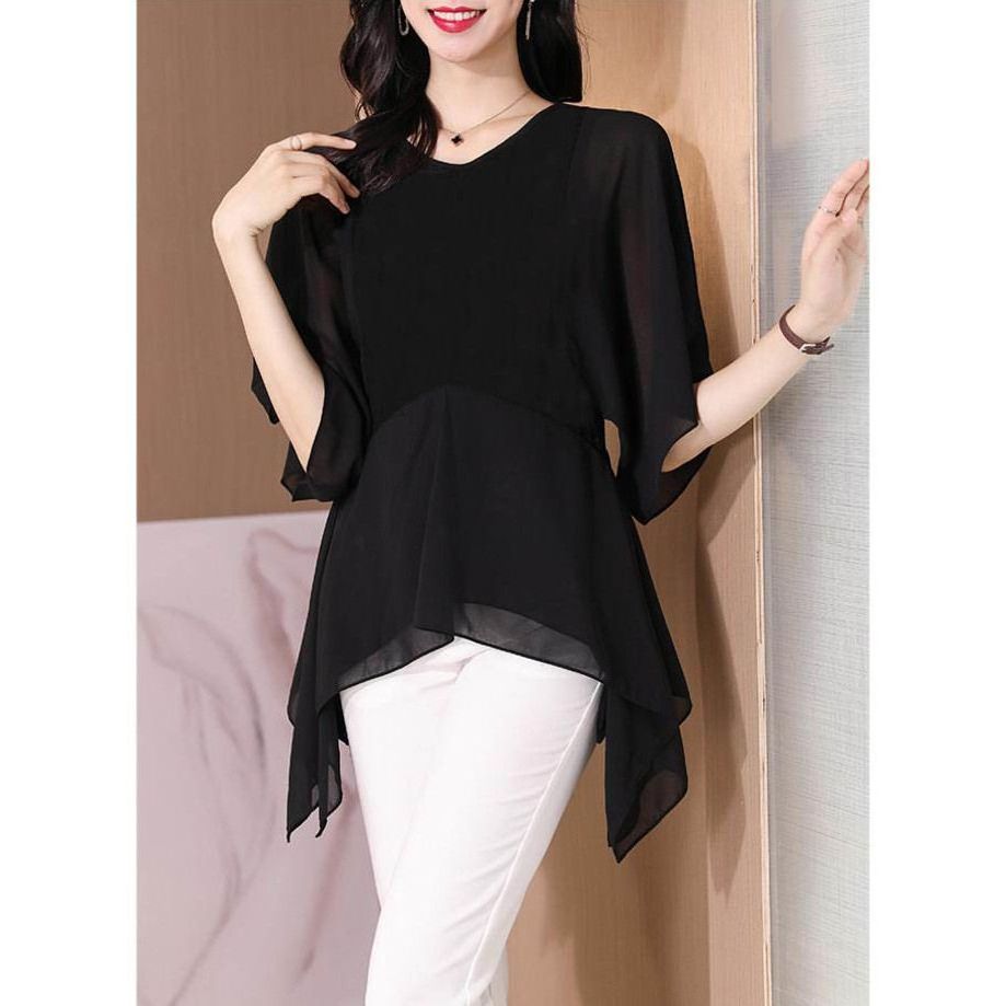 ไขมันสไตล์ตะวันตกอารมณ์แฟชั่นเด็กห้าจุดปั่นเสื้อแขนสั้น mmv ไม่สม่ําเสมอหิมะปกเสื้อท้อง cod High-End