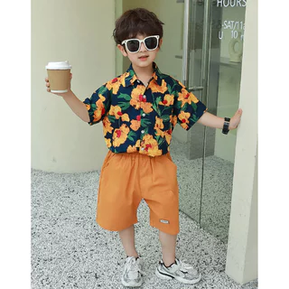 ชุดเด็กผู้ชายแฟชั่น เสื้อเชิ้ตลายดอก + กางกางขาสั้น ลุคเท่ สไตล์ฮ่องกงวินเทจ