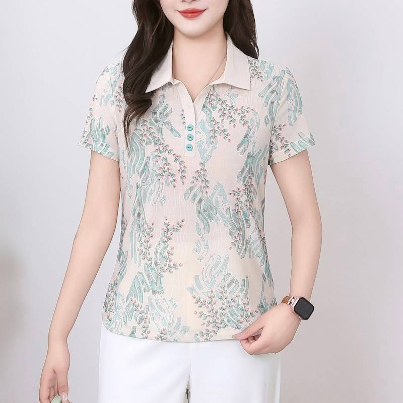 Lapel Short-Sleeved Shirt for Young Mothers Summer New Western Style Youthful-Looking Belly Covering