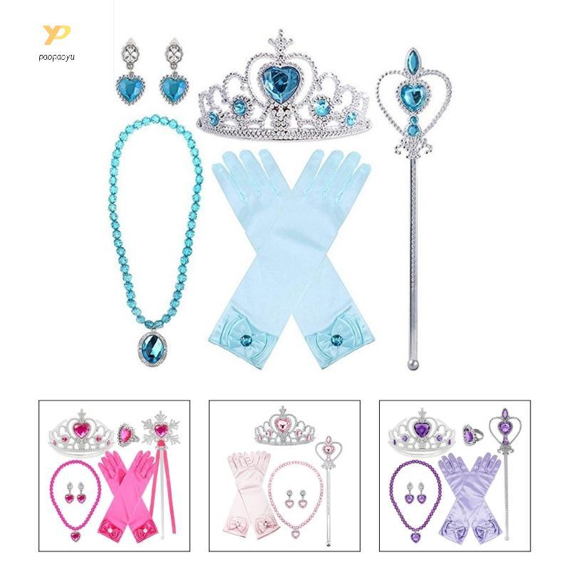 Princess Girls Cosplay Set Crown Magic Wand Necklace Wig Gloves Accessory
