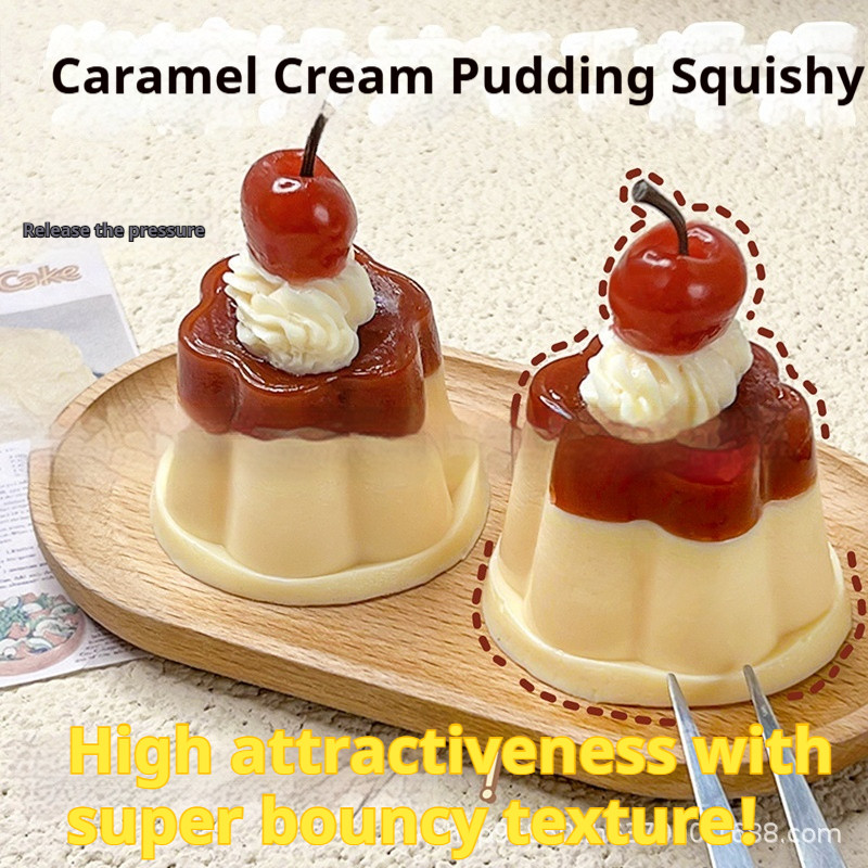 Squishy จําลองคาราเมลพุดดิ้ง Pinch Soft Cherry Q-Bomb Two-Color Pudding Decompression ของเล่น TPR So