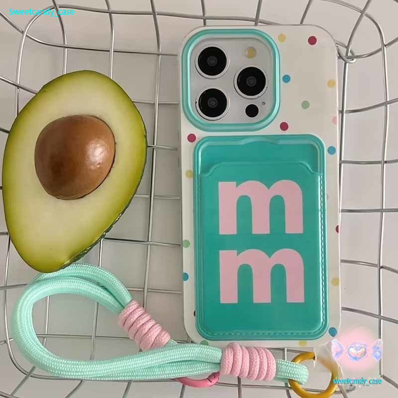 พร้อมส่ง เคสสำหรับไอโฟน13 ลายจุดสีฟ้า MM เคสช่องใส่การ์ด สายข้อมือ For iPhone17 16 11 12 13PROMAX 14 15PLUS 7/8 SE2 XSXR