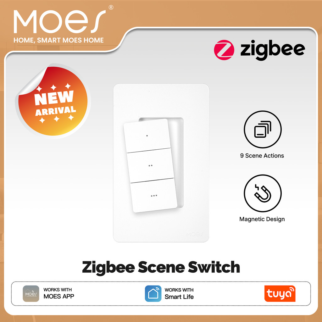 MOES Tuya Zigbee สมาร์ทสวิตช์ฉากไร้สาย 3 Gang 9 Scenarios Linkage การออกแบบแม่เหล็กมือถือปุ่มกดควบคุมรุ่น US