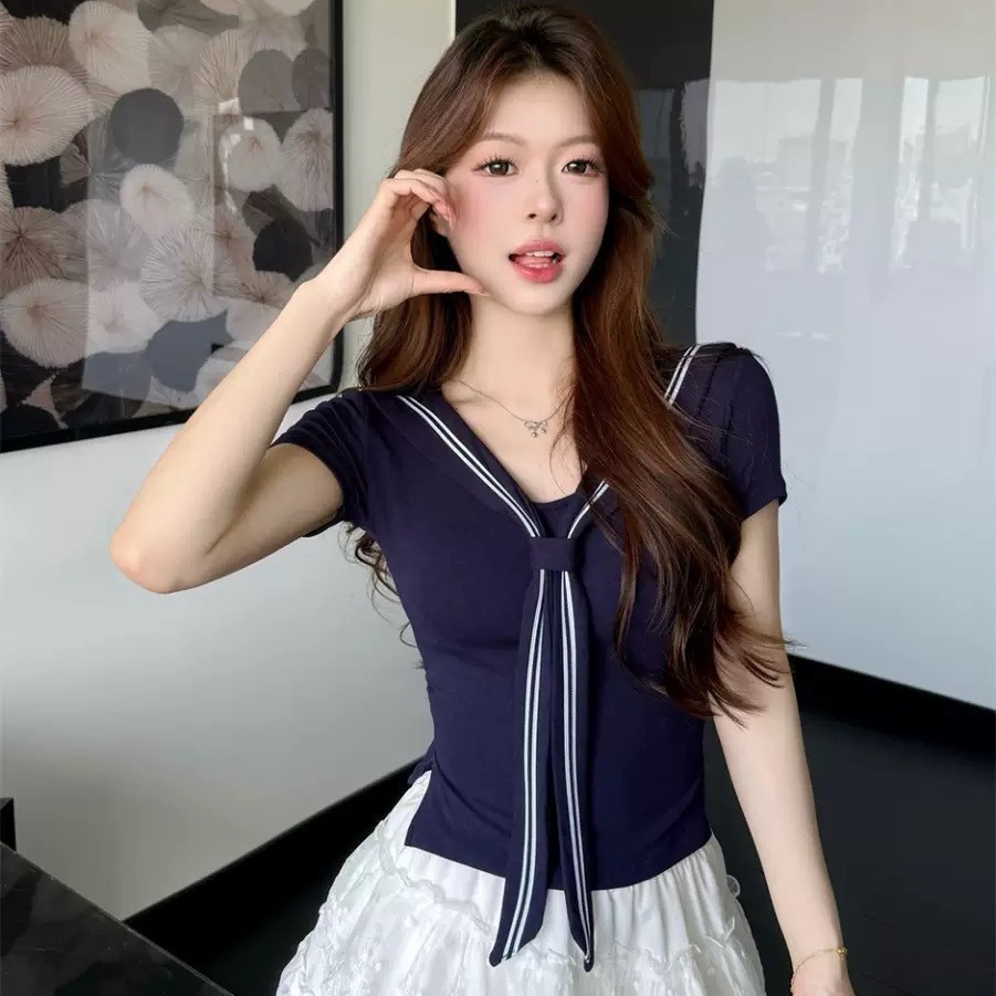 5167#夏季新款甜美风正肩系带短袖T恤女修身显瘦一体式带胸垫上衣20260314