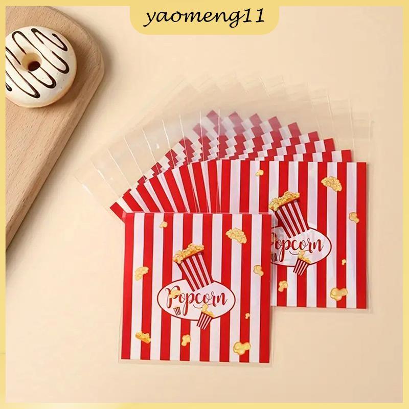 YM 50/100pcs Popcorn Design ของขวัญกระเป๋า 13*10 ซม.สีแดงสีขาวแถบพลาสติก Self-Sealing กระเป๋าบิสกิต 