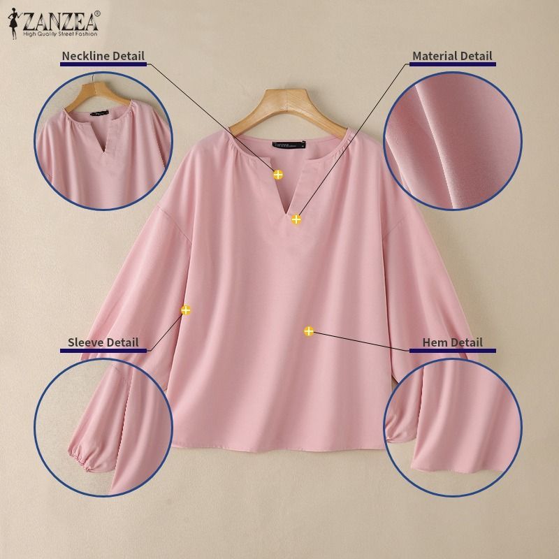 เบลาส์ทรงหลวมคอวีสำหรับใส่ลำลองสไตล์เกาหลี ZANZEA — صورة 7