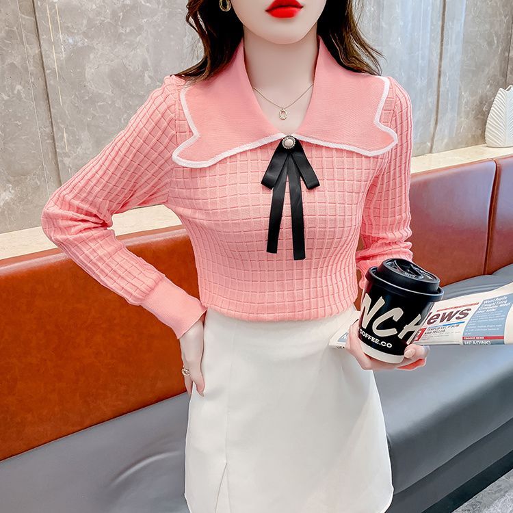 Xiaoxiang สไตล์การออกแบบแฟชั่น Sense Slim-fit Bow ตุ๊กตาคอปกแขนยาวถักเสื้อ Bottoming ผู้หญิง 3CBL