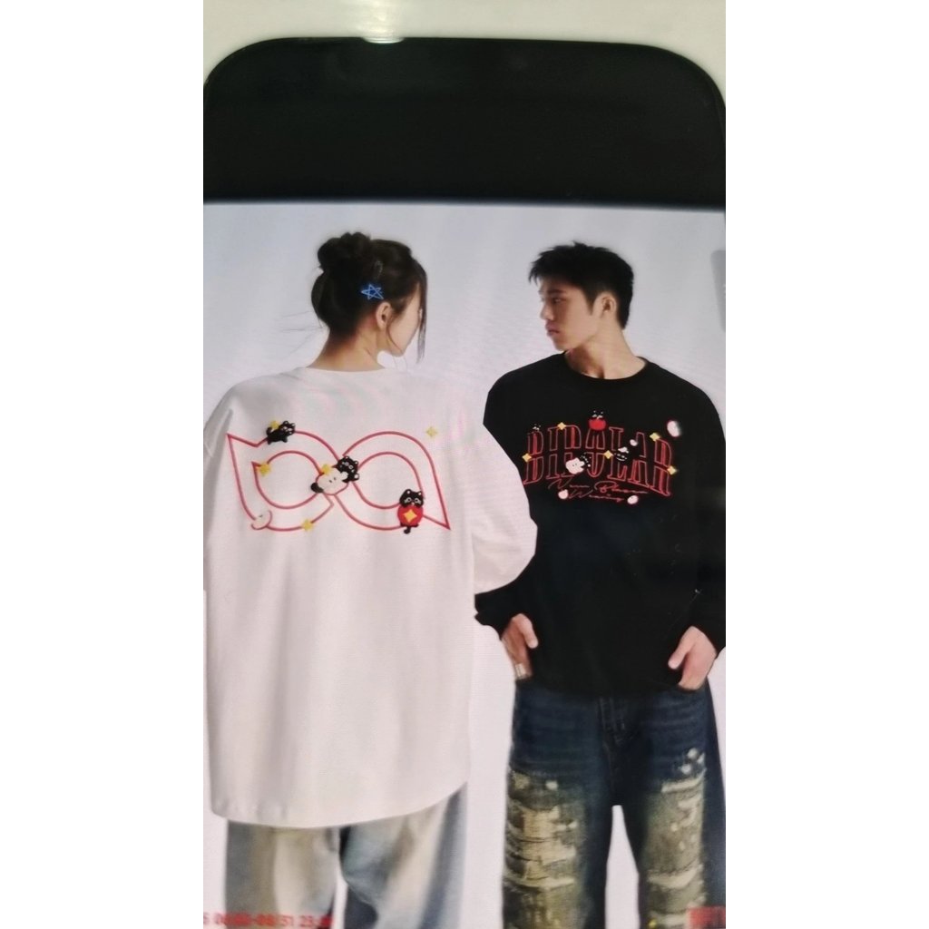 BIPOLAR Apple Cat เสื้อยืดแขนยาวอเมริกันลําลองหลวมรอบคอชาย Hip-Hop แห่งชาติอินเทรนด์คู่สไตล์ใหม่ฤดูใ